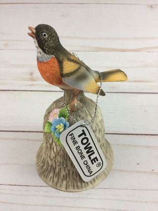 Vintage Towle Bone China Bell With Robin Bird Figurine Handle 4.  25 " H With Tag