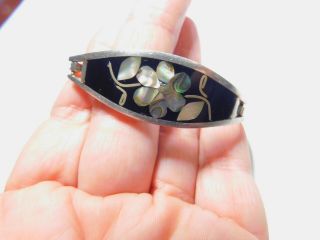 Un Marked Sterling Silver Black Onyx Abalone Shell Inlay Flower Bracelet Vintage