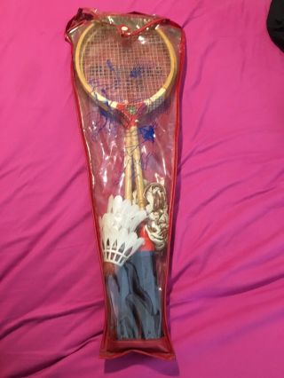 Vintage Badminton Set In Plastic Case,  2 Wooden Rackets,  3 Birdies And Net