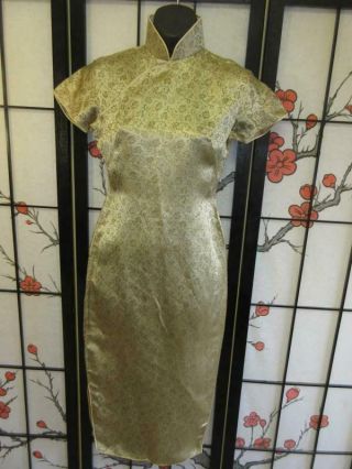 Vtg Chinese Gold Metallic Brocade Mini Print Asian Cheongsam Hourglass Dress S