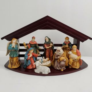 Vintage Bon - Ton Painted Porcelain 10 Pc Nativity Figures With Wooden Stable