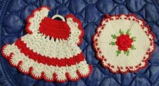 Vintage Crocheted Potholders / Red/white Dress & Red Rose Potholder