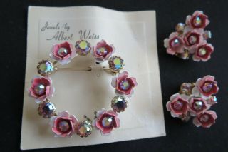 Vintage Weiss Signed Brooch Clip Earrings Set On Card Pink Rhinestones