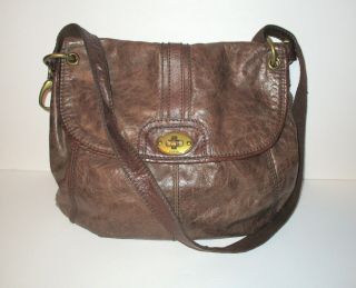 Fossil Leather Shoulder Bag Crossbody Brown Long Live Vintage Turnlock Flap