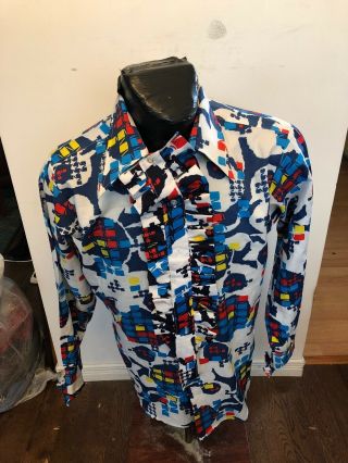 Ugo Vallini Mens Ml3 Ruffled Tuxedo Dress Shirt Disco Abstract Print Vintage 70s