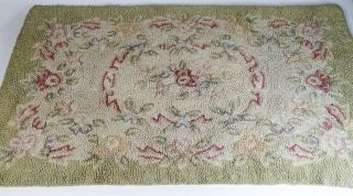 Vintage Small Hooked Throw Rug W/ Floral Design,  Light Green,  Beige,  Maroon