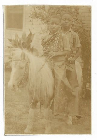 1920s Vintage Snapshot Black American Boys As Cowboys On Pony