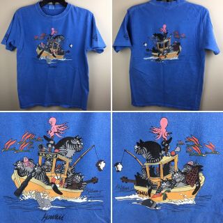 Vtg Y2k Kliban Cat Crazy Shirts Graphic T - Shirt Blue Hawaii Funny Boat Fishing S