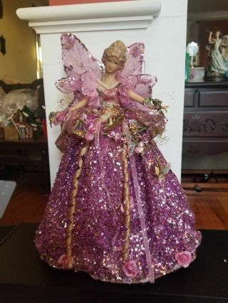 Vintage Purple Gold Glitter Beads Christmas Tree Topper Table Angel Decor 16 "
