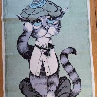 Whimsical Vintage Dunmoy Irish Linen Tea Towel Cat With A Hangover