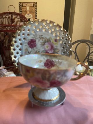 Vintage Tea Cup And Saucer Lm Royal Halsey Lusterware 1950s