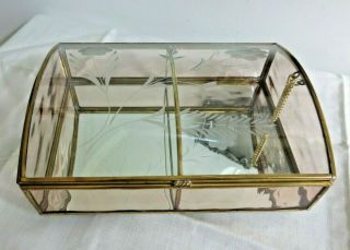 Vintage Brass & Glass Etched Flowers Jewelry Box Mirrored