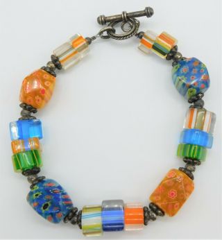 Vintage Multicolor Millefiori Art Glass Chunky Beads Silver Tone Toggle Bracelet