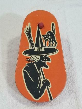 Vintage Tin Litho Kirchhof Halloween Witch / Cat Noise Maker Life Of The Party