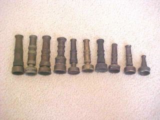 10 Vtg.  Brass Water Hose Nozzles - No Two Alike - Sherman Diamond - Nelson - Others