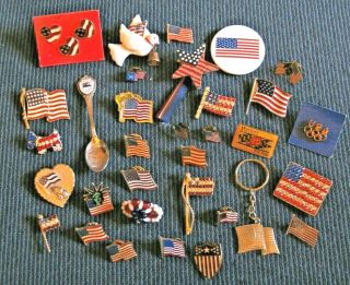 Vintage Assortment Of U.  S.  Flag Lapel Pins Rhinestone,  Enamel,  Etc.
