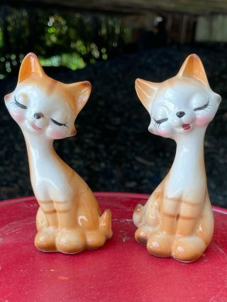 Small Pair Retro Mod Long Neck Cat Ceramic Figurine Mcm Groovy Vintage Japan