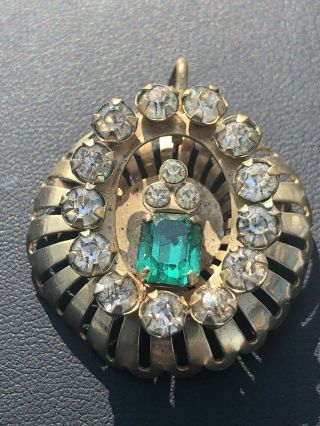 Rare Old Art Deco Emeral Green Clear Rhinestone Goldtone Vtg Brooch Pin Pendant