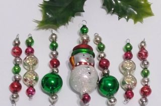 Snowman Mercury Glass Bead Icicles 7 Christmas Ornaments Indent Red Green Silver