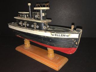 Vintage Antique Wooden Tug Boat Model " Ellen " 12” Long X 3 " Wide X 7 " Tall