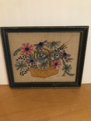 Vintage 11” X 9” Framed Needlepoint Flowers In A Basket Picture.