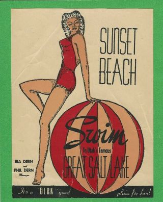 Vintage 1948 Souvenir " Sunset Beach " Great Salt Lake Utah Pinup Decal