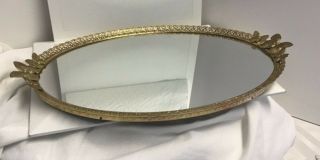 Gold Plated Oval Mirror Vanity Tray With Decorative 6 Butterflies Vintage