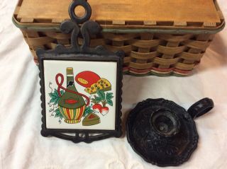 Vintage Cast Iron Trivet With Tile And Cast Iron Candle Holder