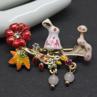 Vintage Style Enamel And Crystal Rabbit Flower Brooch Pin Jewellery