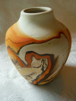 Vintage Nemadji Pottery Usa Small Pot Bud Vase Orange/brown Swirl 3 1/2 " H