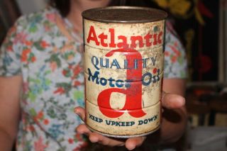 Vintage Atlantic Quality Motor Oil 1 Quart Metal Can Gas Station Sign