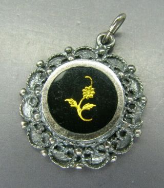 Vintage Sterling Silver Pendant Oxidized/patina Black Onyx Gold Flower Inlay