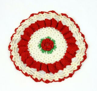 Vintage Crochet Pot Holder Trivet Hot Pad Doily W Rose Floral Red White Round