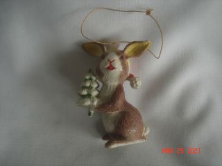Cute Vtg.  Bunny Rabbit / Hare Hard Plastic Christmas Ornament Santa Hat & Tree