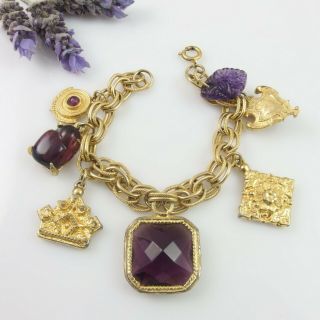 Vintage Gold Tone Charm Bracelet - Purple Glass 7 Mixed Charms - L: 19.  5 Cm