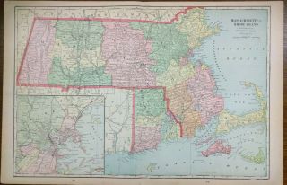 Vintage 1903 Massachusetts Rhode Island Map 22 " X14 " Old Antique Worchester