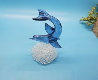 Hand Blown Glass Dolphin Figurine Blue Iridescent On Clear Base Small Vintage