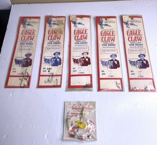 Vintage Eagle Claw Snelled Fish Hooks 5 Packages Of Hooks Sz 4 6 10 12 14
