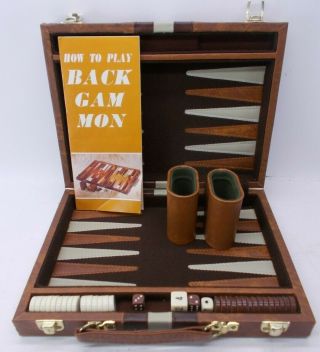 Vintage Backgammon Board Game Set Faux Leather Case Brown Tan Stripes