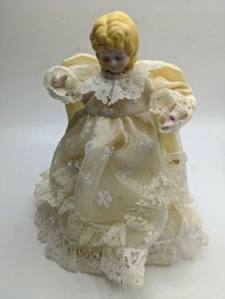 Angel Vtg Xmas Tree Topper Ornament Porcelain Doll 9 " Cloth 70s Fabric Dress
