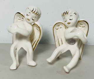 (2) Vintage National Potteries Co Japan Painted Angel Candle Holders Girls Rare