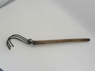 Vintage 3 Prong 22.  5 " Long Wood Handle Garden Claw Tool