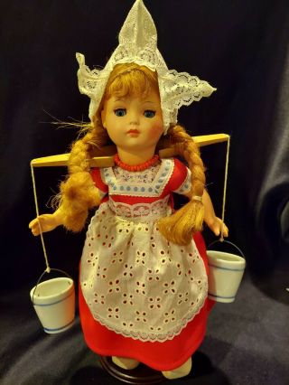 Vintage Dutch Girl Doll With Wooden Clogs & Porcelain Water Buckets 12 " German