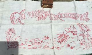 Antique Victorian Red Turkey Work Linen Pillow Cover Birds Ducks Ferns Saying