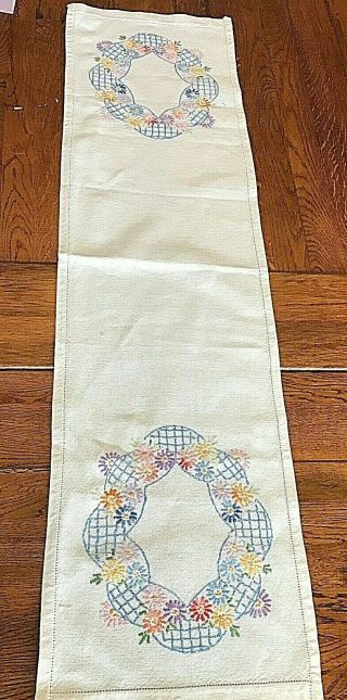 Vintage Art Deco Linen Embroidered Table Runner