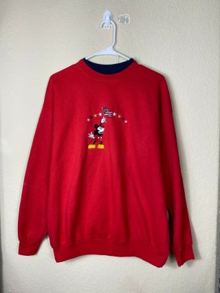 Mens Medium Disney Mickey Mouse Red Usa American Flag Crewneck Sweater Vtg