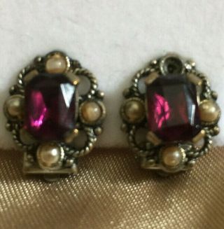 Vintage Amethyst Purple Rhinestone Glass Faux Pearl Cluster Clip On Earrings 2