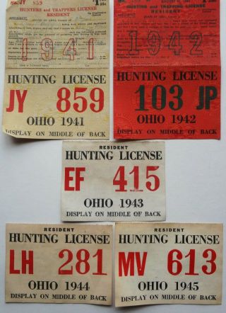 Set Of 5 Ohio Hunting Licenses - Resident - 1941 - 42 - 43 - 44 - 1945 - All One Price