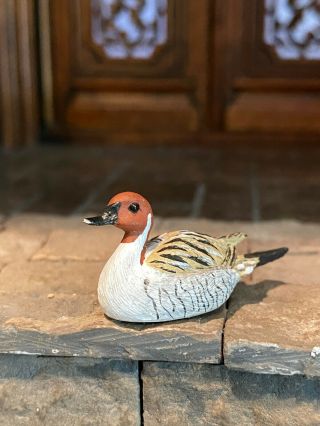 Vintage Miniature Dollhouse Artisan Signed Carved Clay Painted Duck Figure Ooak