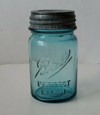1923 - 1933 Vtg Ball Perfect Mason Ribbed Blue Pint Canning Jar With Zinc Ball Lid